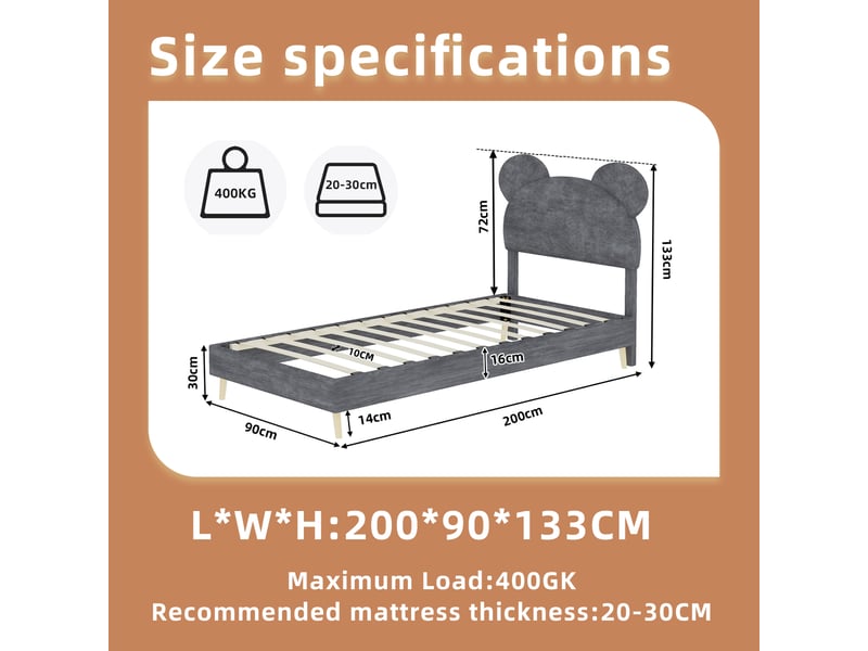  Lit simple rembourré 90x200 cm avec tête de lit douce à motifs cartoon, lit enfant avec sommier à lattes, lit 1 personne, gris  - Conforama W