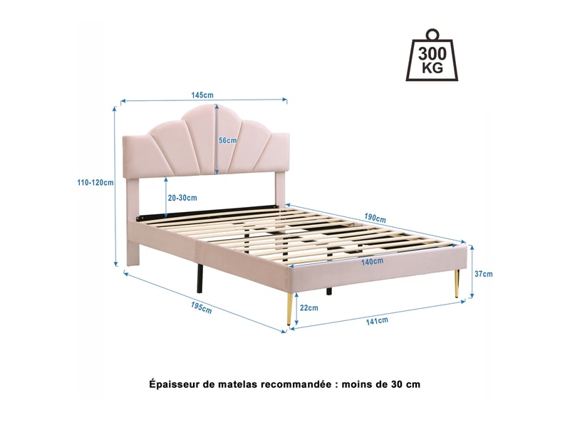  Velours, lit rembourré, 140*190 cm, lit double, lit en forme de coquille avec pieds en fer doré, tête de lit réglable en hauteur, sommier à lattes en bois, rose  - Conforama C