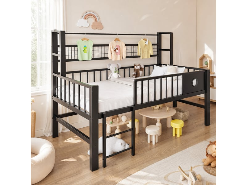 Lit mezzanine bas enfant 90 x 200 cm en métal avec rangement et étagère, noir - Conforama B