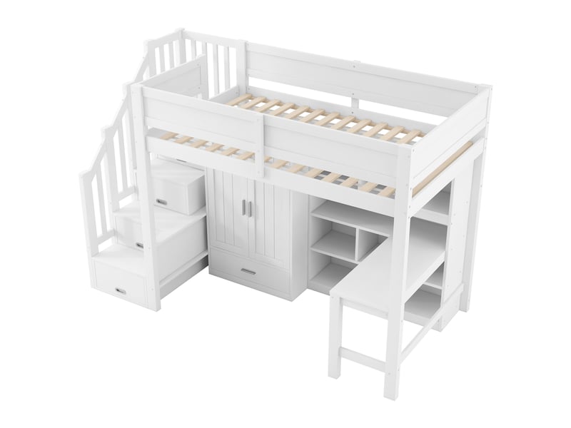  Lit mezzanine 90x200 cm – lit enfant gain de place avec bureau escalier rangement penderie et 1 tiroir – bois de pin – blanc CozyNest - Conforama C