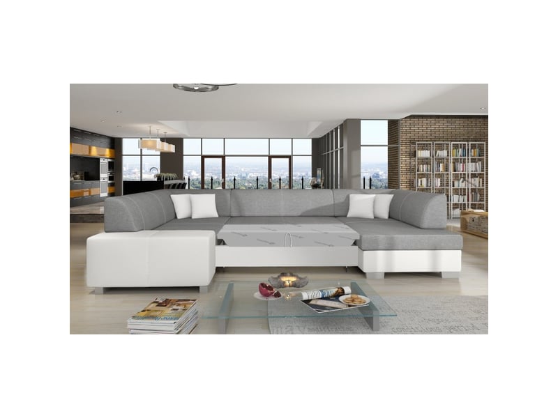  Canapé panoramique en u gris &amp; blanc convertible 6 places havane grand format familial  - Conforama D