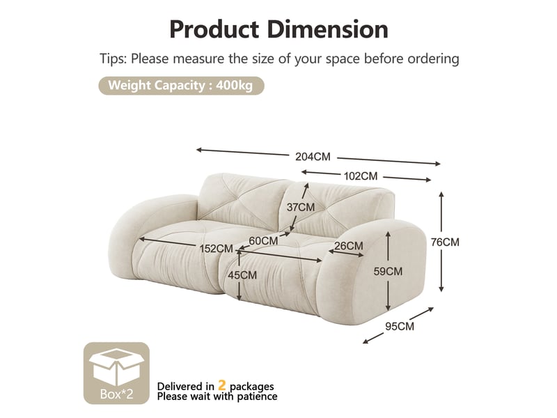 Canapé modulaire 2 places sans armature avec assise en mousse 32d et tissu chenille, beige clair - Conforama E
