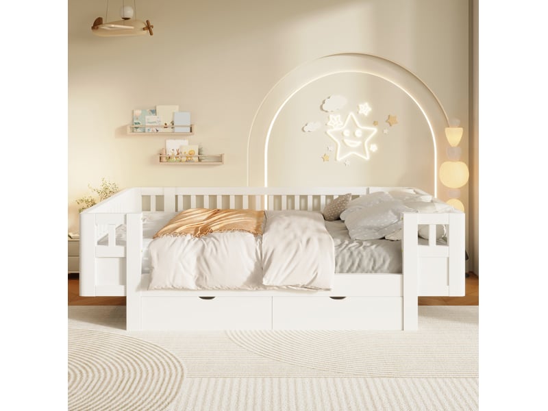 Lit enfant 140x200 cm, blanc, bois et mdf, doté de barrières hautes et de 2 tiroirs de rangement, sans matelas - Conforama E