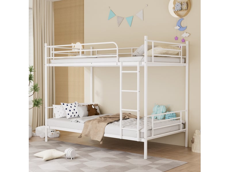 Lit superposé 90 × 190 cm avec échelle et garde-corps, structure en acier blanc, matelas non inclus - Conforama B