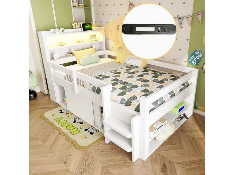  Lit mezzanine enfant simple 90×200 cm avec rangements, éclairage led et usb - okmyhome- en bois blanc, sans matelas  - Conforama C