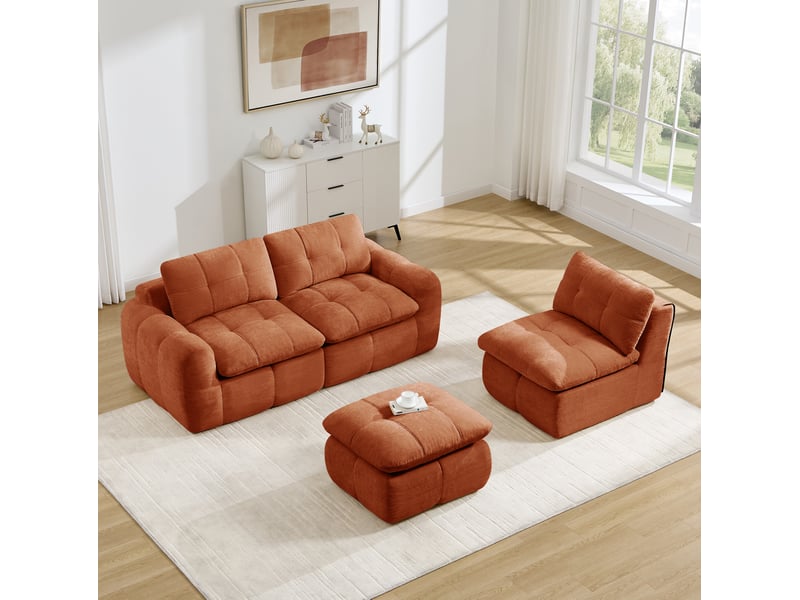  Canapé modulable 3 places en l modenvie avec ottoman, revêtement chenille, mousse haute densité 32d, orange, 264 x 160 x 68 cm  - Conforama E