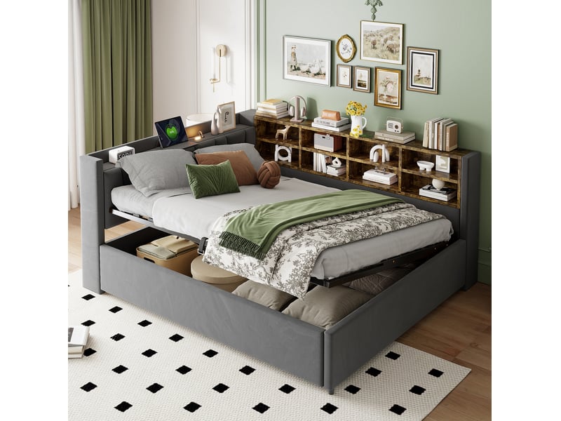  Lit coffre 140x200 cm en velours gris foncé avec veilleuse et ports usb  - Conforama B