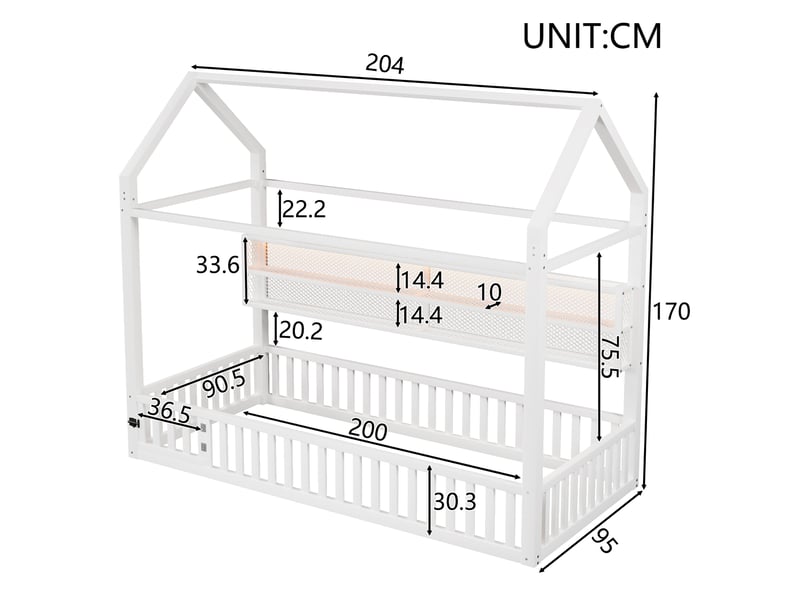  Lit cabane enfant 90x200 cm blanc en métal, barrière de sécurité, éclairage led 7 couleurs pour chambre  - Conforama C