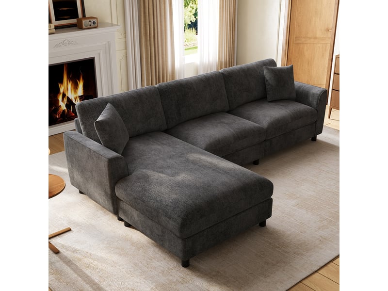  Canapé d’angle modulable en l 256 cm 3 places avec méridienne réversible extra-large 90 cm, accoudoirs courbés, ressorts ensachés, chenille gris  - Conforama E