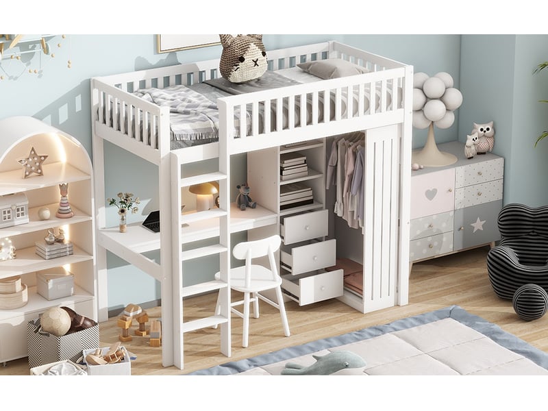  Lit mezzanine enfant 90x200 cm avec bureau, armoire, 3 tiroirs et escalier blanc  - Conforama D
