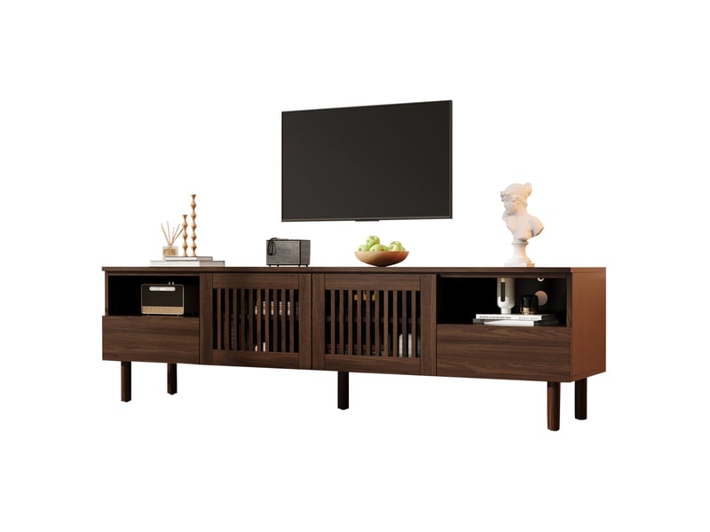  Meuble tv 180x40x51 cm avec 2 portes grillagées et 2 tiroirs, mdf, couleur teinte noyer, design simple  - Conforama A