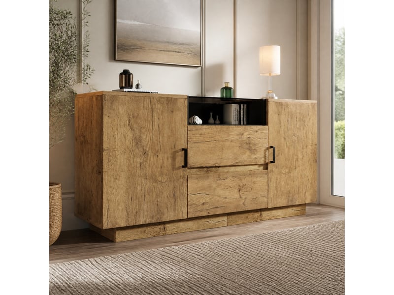  Buffet 2 portes, 2 tiroirs et compartiment ouvert, chêne clair et verre trempé brun, 140 x 40 x 70 cm  - Conforama B