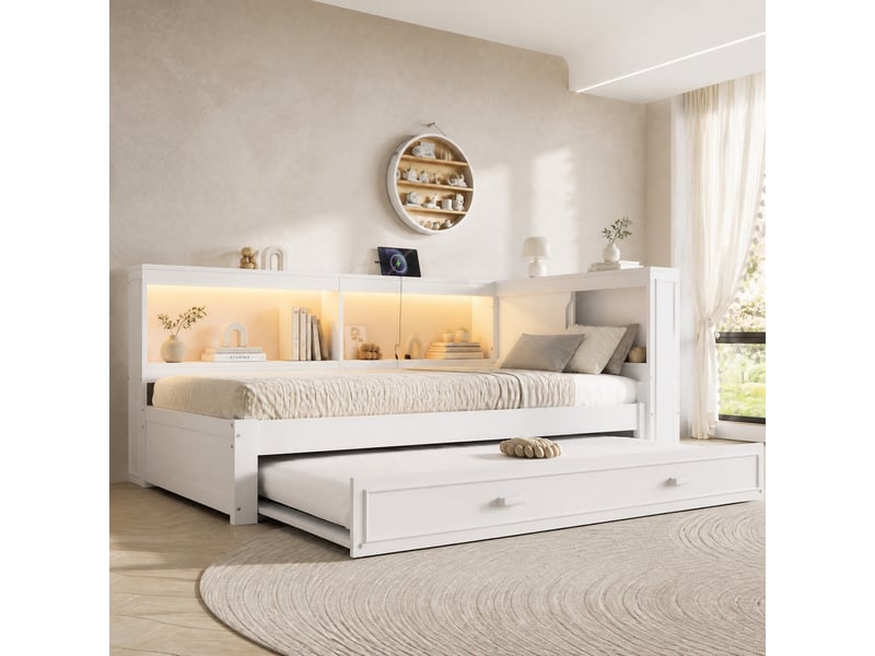  Lit gigogne 90x200 cm avec éclairage led et ports de charge en pin blanc  - Conforama B
