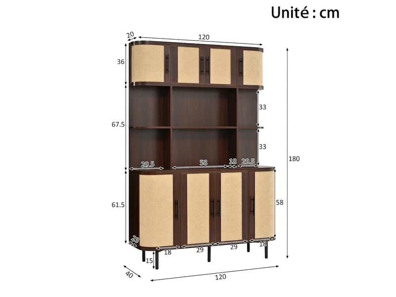 Armoire haute en noyer buffet avec façade en rotin meuble de rangement 8 portes 120x180cm - Conforama E