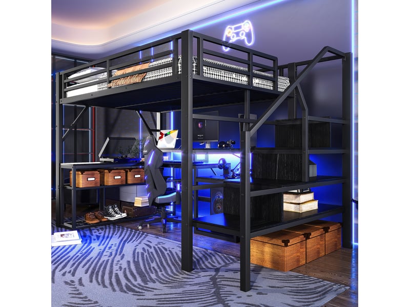 Lit mezzanine 140x200 cm avec bureau, rangements, led et usb noir  - Conforama E
