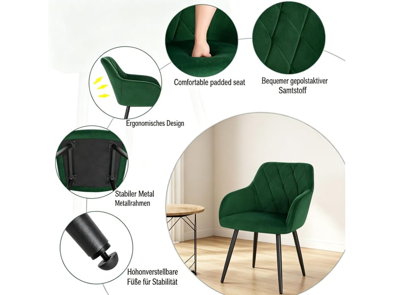  Chaise de salle à manger avec accoudoirs, assise rembourrée et dossier, pieds en métal, velours vert foncé  - Conforama E