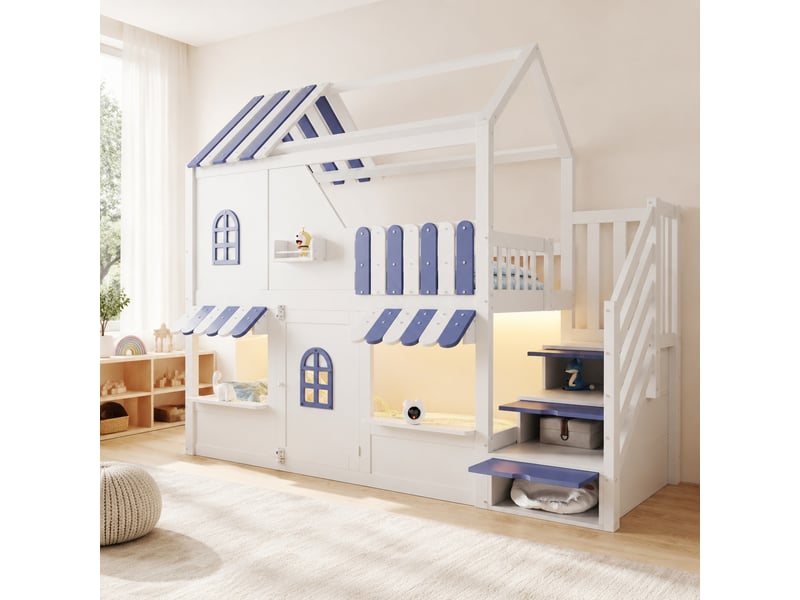  Lit surélevé 90x200 cm maison avec led, rangements, bois blanc et bleu sans matelas  - Conforama B
