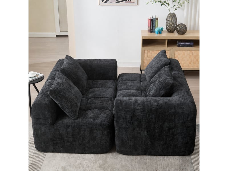 Canapé 2 places noir en chenille douce, assise profonde, coussins et poches latérales, largeur 158 cm - Conforama E