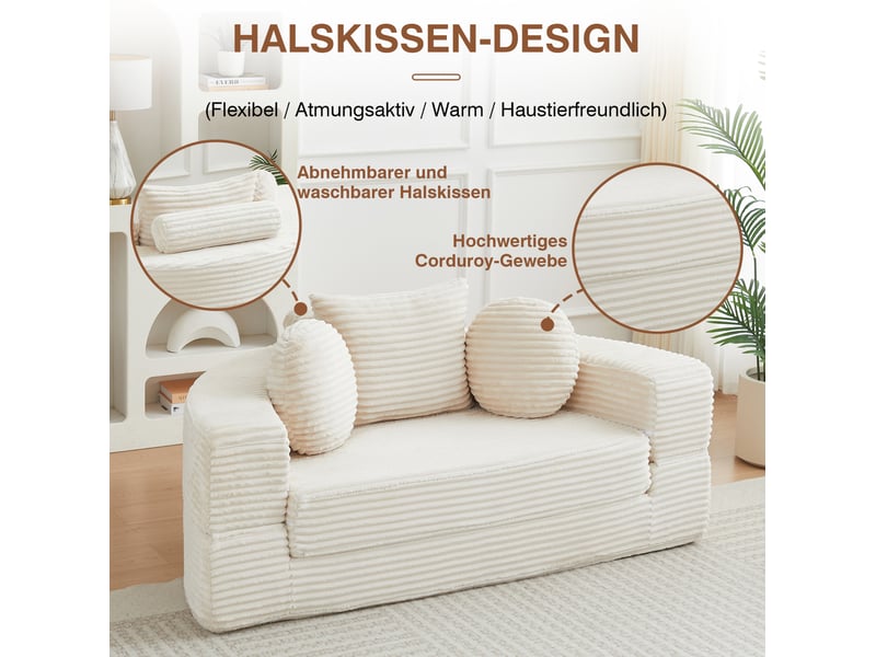  Canapé-lit convertible 4-en-1 modenvie en velours côtelé beige avec deux coussins ronds et un coussin carré  - Conforama E