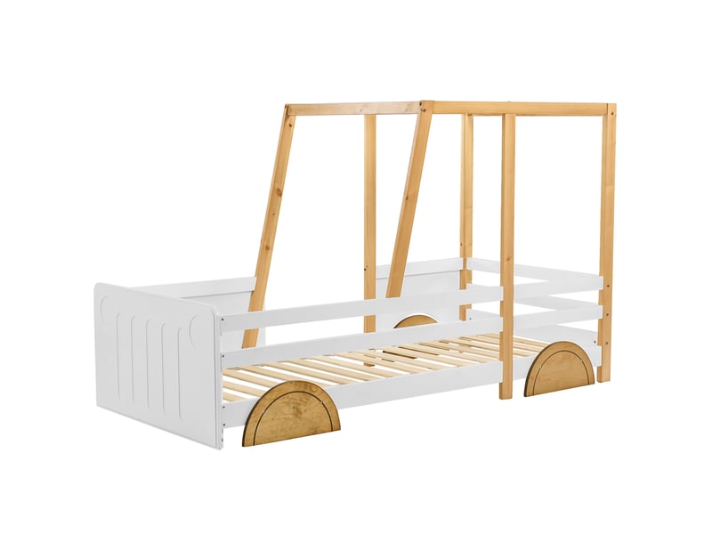  Lit voiture, lit enfant avec roulettes en mdf, cadre en pin, blanc + naturel (90x200cm)  - Conforama D