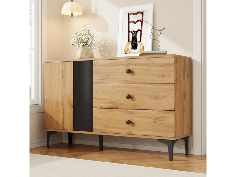  Buffet moderne 120x35x76 cm, meuble rangement noir et naturel avec portes et tiroirs, design contemporain pour salon ou cuisine  - Conforama D