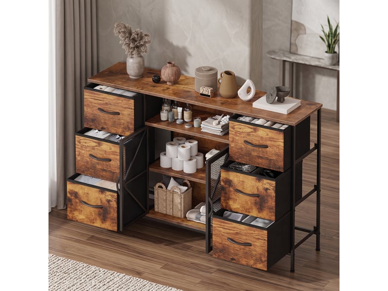  Meuble tv commode 120x30x75 cm six tiroirs tissu portes metal marron rustique  - Conforama B