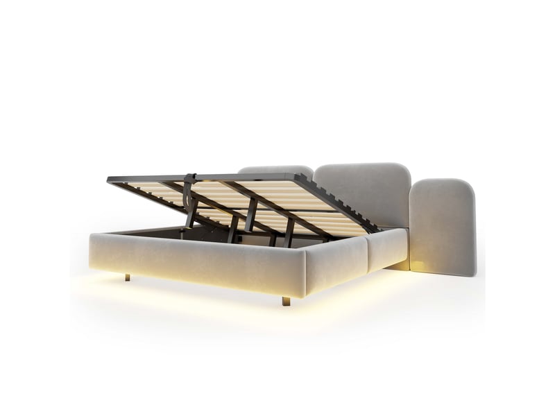 Lit coffre 2 places 180 × 200 cm avec led rgb, usb, type-c et coffre, sans matelas, en velours gris - Conforama A