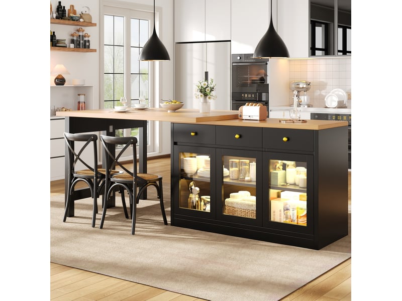  Îlot de cuisine extensible 120-200x40x75,5 cm, 3 tiroirs, 3 portes vitrées, led, desserte, mdf et métal, couleur noir  - Conforama D
