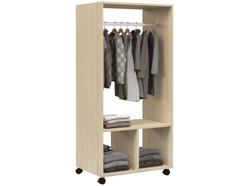  Armoire à roulettes avec tringle et étagères pour vêtements suspendus et pliés, 60 x 40 x 128 cm, naturel  - Conforama A