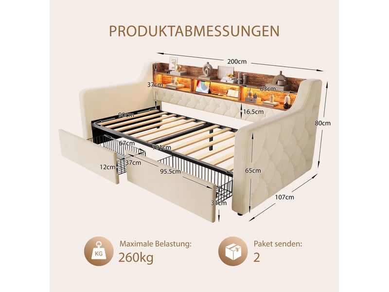  Lit jeune, 90x190 cm, doté d’un espace de rangement, led, usb et type c, 2 tiroirs pratiques, velours, coloris beige  - Conforama C