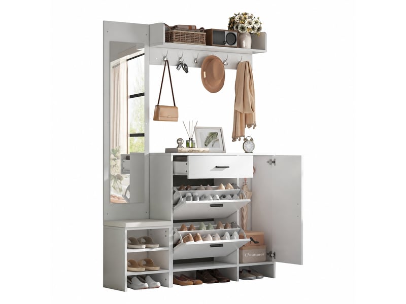  Meuble d'entrée avec banc à chaussures et miroir, 6 patères, 140 x 30 x 200 cm, blanc  - Conforama A