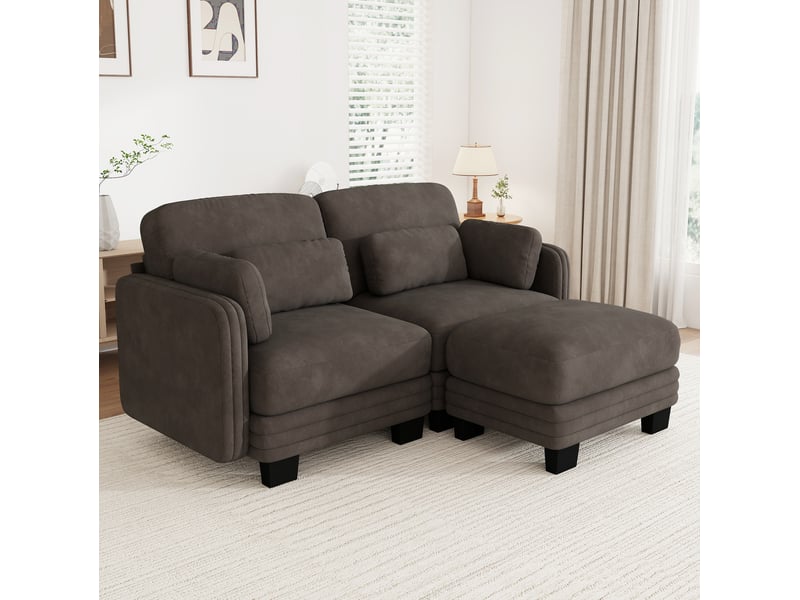  Canapé d'angle modulable tcqpz 2 places avec pouf 176 x 143 x 88 cm chenille marron  - Conforama B
