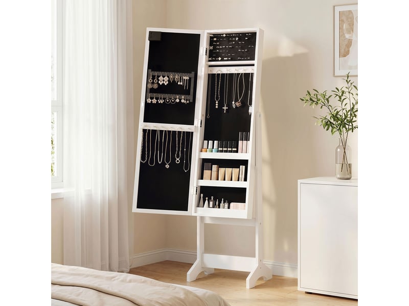  Armoire à bijoux armoire de rangement sur pieds boîte à bijoux avec miroir éclairage multi-rangements led blanc  - Conforama A