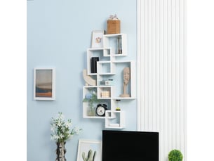 Étagère murale flottante 49,5x10,2x86 cm, sapin blanc, 5 cubes et 9 compartiments