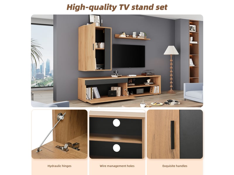  Ensemble de meuble tv 3 pièces 140x35x39 cm,meuble tv moderne pour salon,sur pied et suspendu,2 portes,couleur bois + noir  - Conforama D