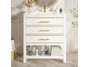 Meuble vasque blanc 76 cm avec lavabo en céramique, 2 tiroirs, niche ouverte et poignées dorées