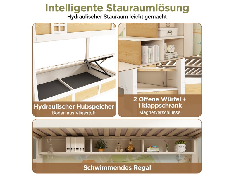  Lit superposé 90x200 cm avec espace de rangement hydraulique, lit enfant avec port usb-c et armoire-escalier, blanc et naturel  - Conforama R