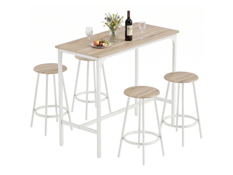  Ensemble table haute 5 pièces pour 4 personnes, style industriel, avec tabourets, pour cuisine et salle à manger, en chêne.  - Conforama A