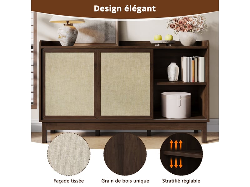  Commode 2 tiroirs et 2 portes coulissantes, 150 x39,5 x 80 cm, style vintage, design « color-block », couleur noyer  - Conforama E