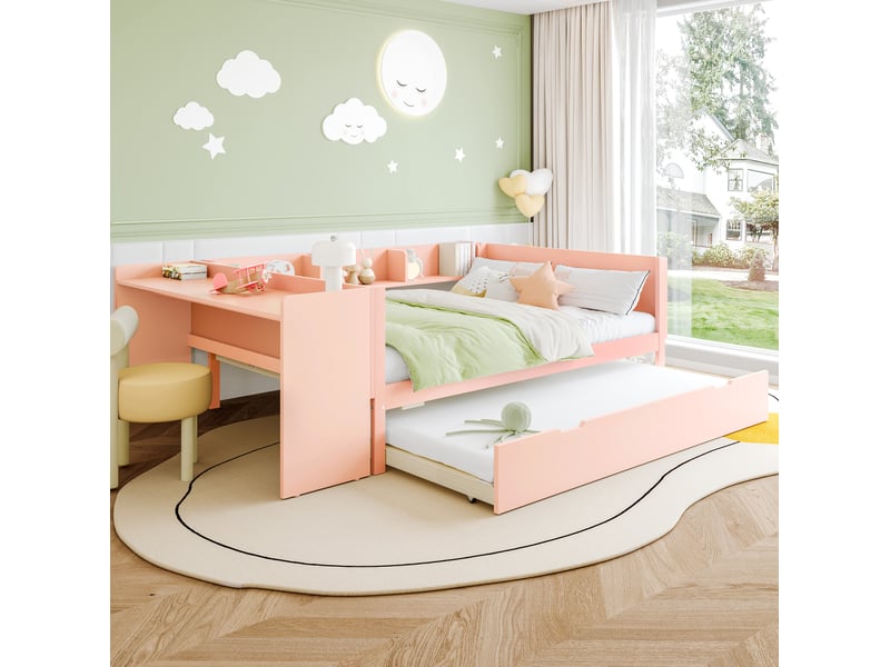 Lit double 140x200 cm avec bureau et lit gigogne, rose, sans matelas - Conforama B
