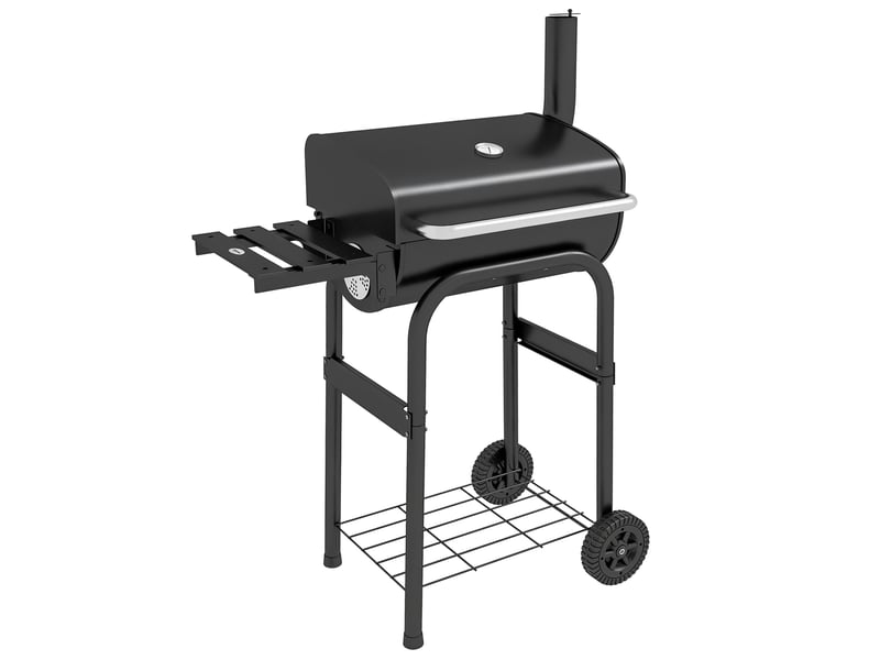  Barbecue au charbon de bois chariot de bbq, avec étagères, roulettes, couvercle, thermomètre, cheminée, en métal noir  - Conforama A