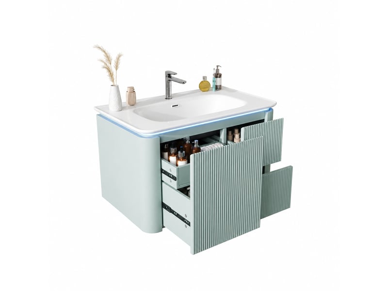  Meuble vasque suspendu vert 80 cm avec relief 3d, vasque en céramique et éclairage led  - Conforama A