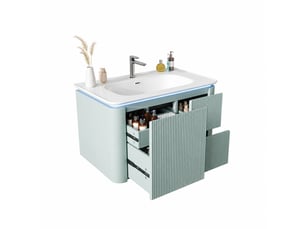 Meuble vasque suspendu vert 80 cm avec relief 3d, vasque en céramique et éclairage led