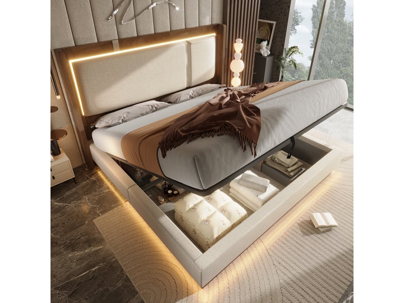  Lit double, 140x190 cm, avec led et coffre hydraulique, lin, beige  - Conforama C