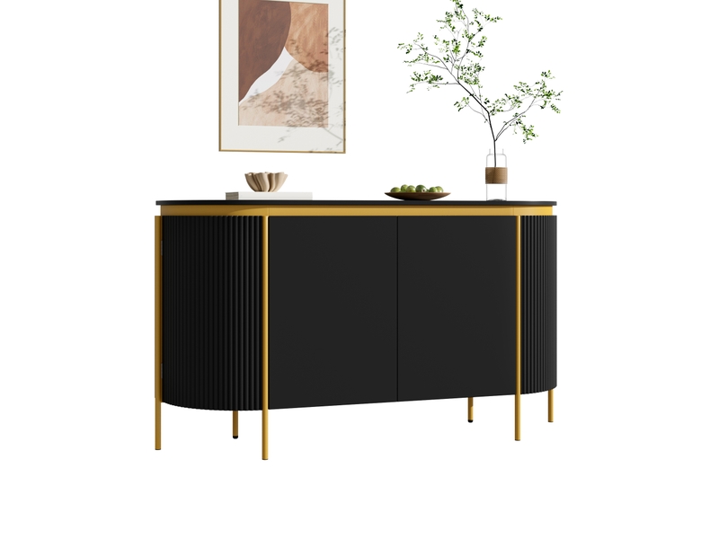  Buffet 160 cm avec 4 portes, meuble de rangement en mdf, façades rainurées verticales, pieds métal, tablettes réglables et passe-câbles pour salon et salle à manger - noir  - Conforama A