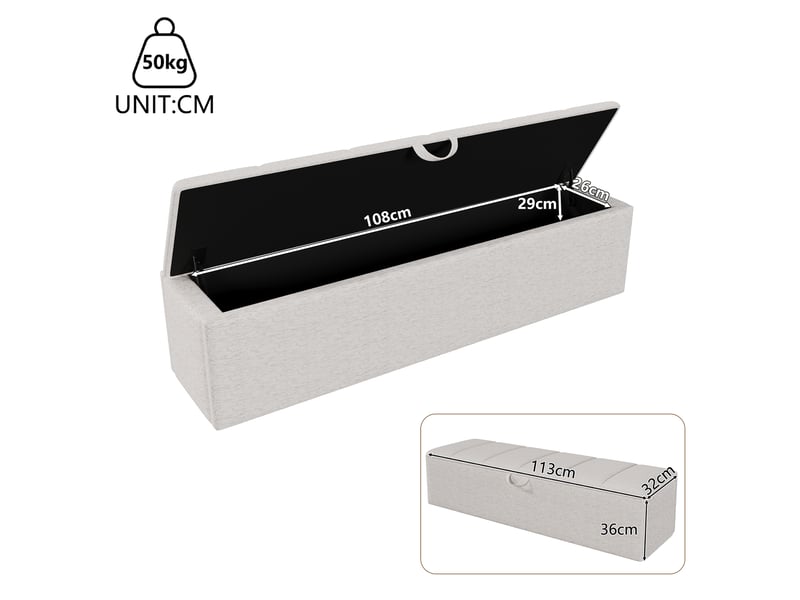 Banc coffre rembourré, 113 × 32 × 36 cm, blanc, velours, rangement intégré, assise relevable, mobile, barrière ouvrante - Conforama C