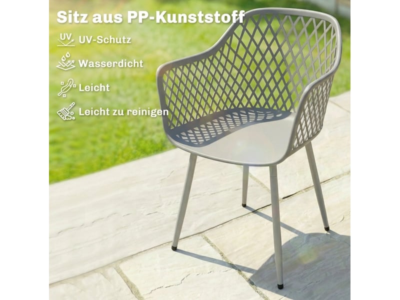 Lot de 4 chaises de jardin avec accoudoirs en plastique gris, pieds en métal, design ajouré uv, 56x51x84 cm - Conforama D