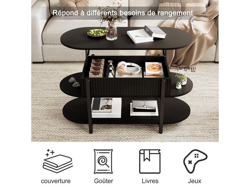 Table basse relevable 106x45x50-63 cm avec rangement multicouche, table de salon et d’appoint, pour salon, métal noir - Conforama R