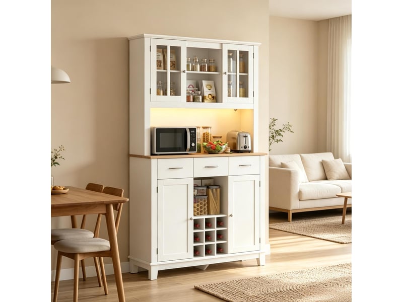  Buffet haut de cuisine blanc et décor chêne 100 x 39,5 x 180 cm, avec éclairage rgb  - Conforama B