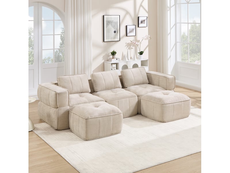  Canapé modulable en u 3 places avec 2 poufs, en polyester beige  - Conforama B